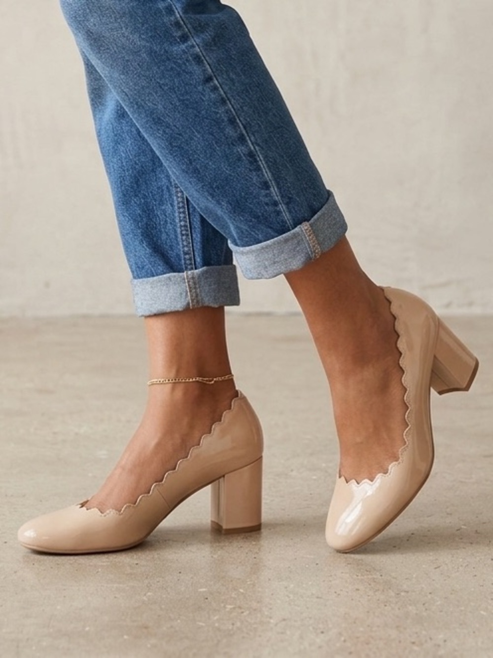 Nude Block Heel Scalloped Edge Heels